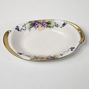 Antique hand-painted porcelain nappy dish candy bowl violet motif gold trim